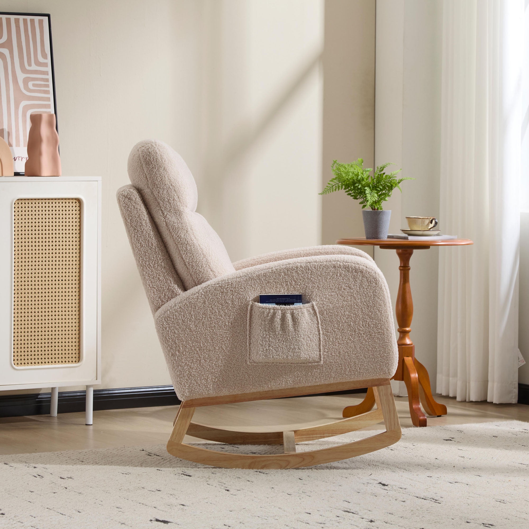 Modern Rocking Chair with High Back & Side Pocket, Nursery Glider Upholstered Armchair, 300 lbs Capacity