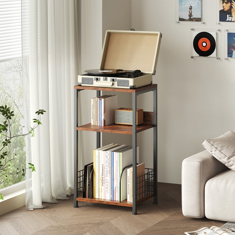 Gianna Record Player Stand, 3 Tier Turntable Table with Vinyl Storage for up to 100 Albums, End Side Table for Living Room，Brown