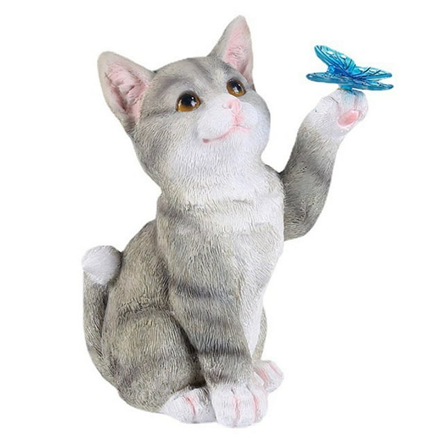 AMERTEER Statue de Chat de Jardin Solaire Art Statue d'Animal en Résine Lumineuse Ornement (Blanc Laiteux)