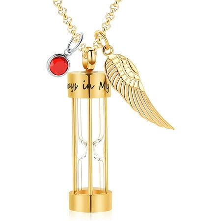 Cremation Urn Necklace for Ashes Timeless Hourglass Memorial Pendant Keepsake Jewelry for Human Pet Ashes with 12 Birthstone Angel Wing for Human Pet Ashes