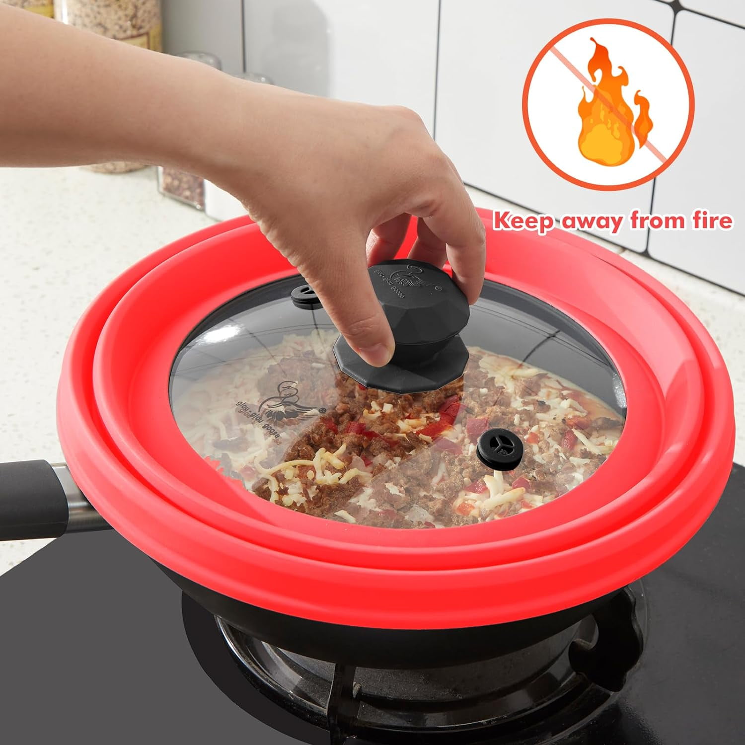 Vented Glass Splatter Guard Lid with Collapsible Silicone for Food - 11.8 inch Large Plate Cover for 6-11 inch Plate Bowl - Red