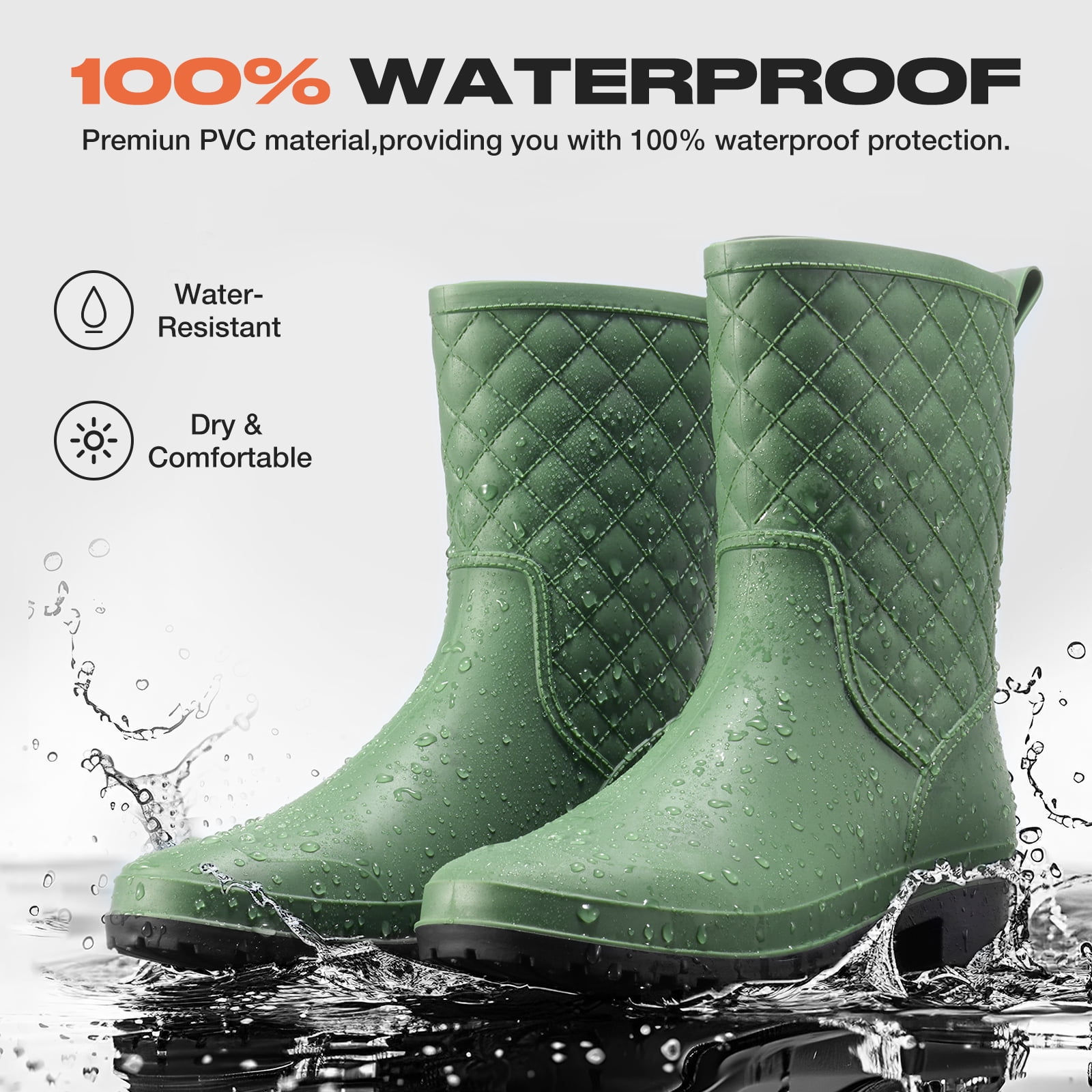 HISEA Women's Waterproof Mid-Calf Rain Boots, Lightweight, Slip-Resistant, Comfortable with Foam Insole,Green,Size 6
