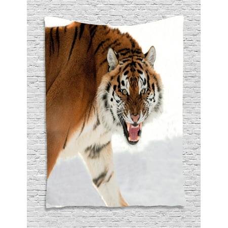 Tiger Tapestry Panthera Tigris Altaica Close Up Image With Snowy Tiger Tapestry Panthera Tigris Altaica Close Up Image With Snowy Background Angry Hunter Photo