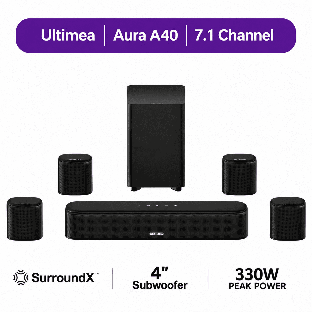 ULTIMEA 7.1ch Virtual Surround Sound Bar, Soundbar for Smart TV with Subwoofer, OPT/AUX/BT, Aura A40