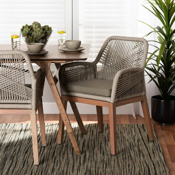 bali & pari Jennifer Mid-Century Transitional Grey Woven Rope Mahogany Dining Arm Chair