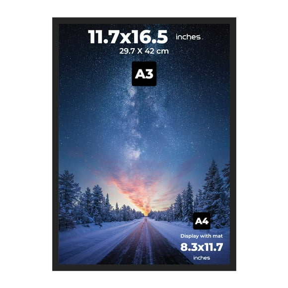 PAXNOK A3 Frame Black Display 11.7 x 16.5 inch Posters and Pictures - Horizontal and Vertical Wall Hanging Option - Frame Hanging Hardware Included