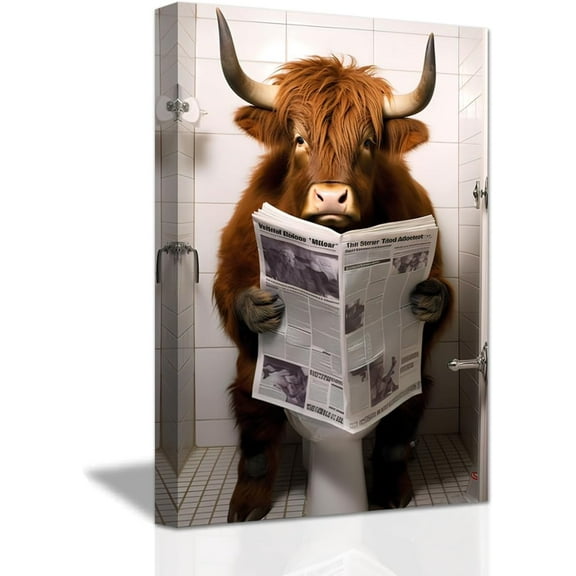 Aaheei Highland Cow Wall Art - Cute Cattle Sitting on Toilet Reading Newspaper Canvas Prints - Funny Animals Bathroom Pictures