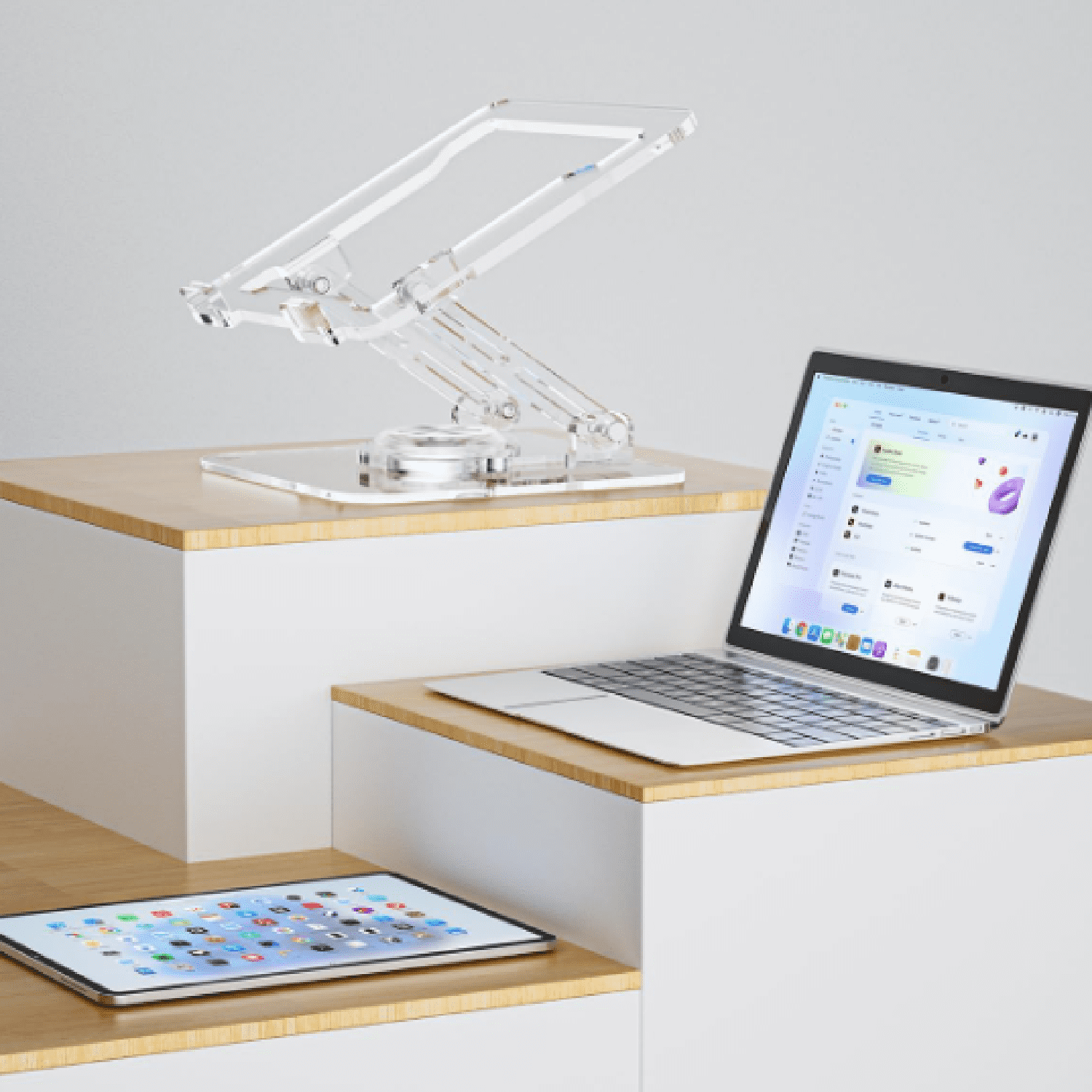 Laptop Stand for Desk - Adjustable, Foldable Clear Acrylic Riser with 360° Rotating Base, Ergonomic Laptop Holder for MacBook Pro/Air & 10-16” Notebooks