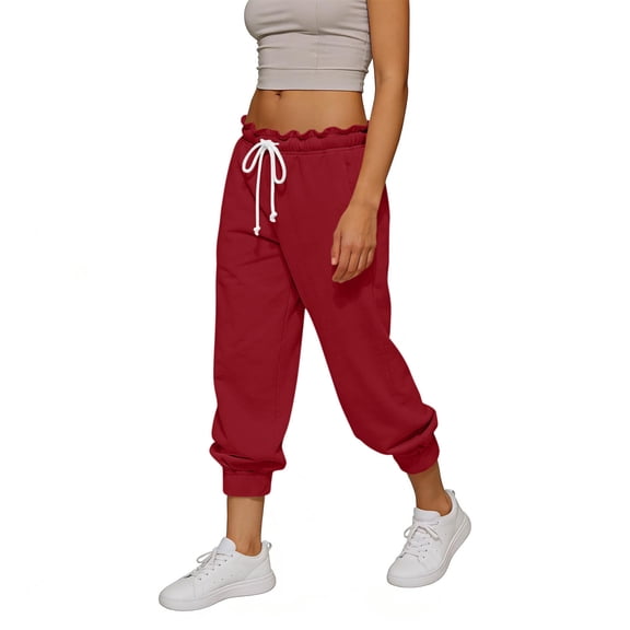 Qgtaibl Women's High Waisted Jogger Pants Ruffled Elastic Waist Drawstring Sweatpants with Pockets Casual Loose Fit Lightweight Cropped Tapered Joggers Wine XXL