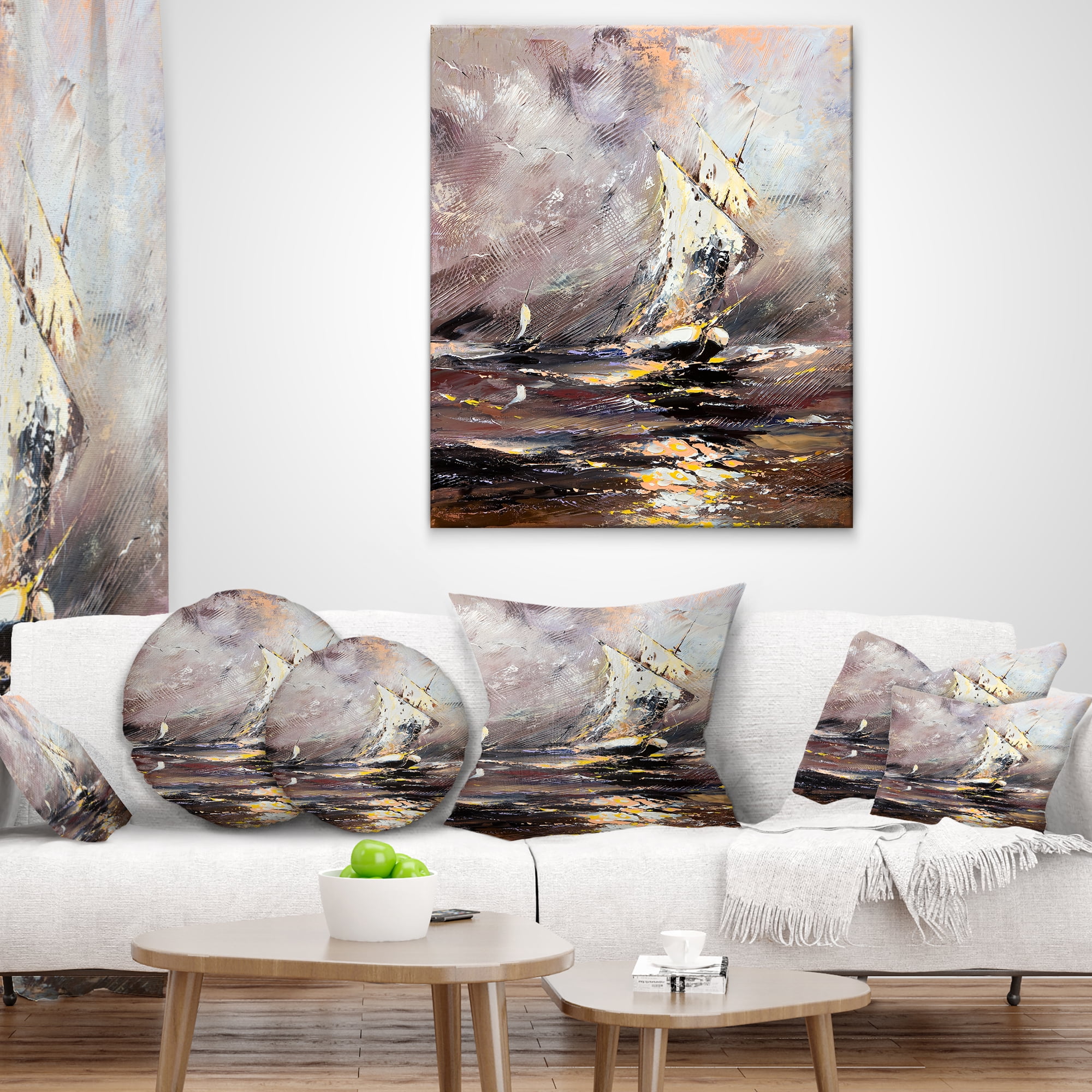 Designart Vessel in Stormy Sea - Seascape Throw Pillow - 18x18