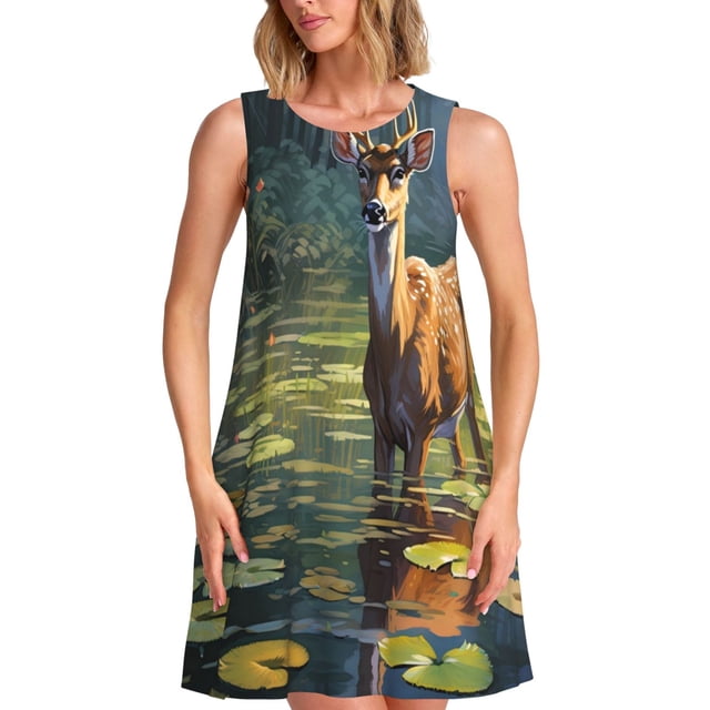 Balery Peaceful Deer Lily Pond Vestidos de verano para mujer con estampado: vestido holgado sin mangas, vestido playero informal y cómodo para días calurosos.