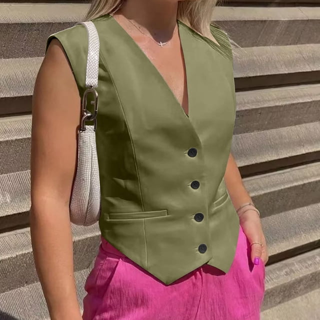 Fiudx Liquidación de Ofertas Flash Camiseta Sin Mangas Ajustada Informal a La Moda para Mujer, Pantalón Corto Sin Mangas con Botones