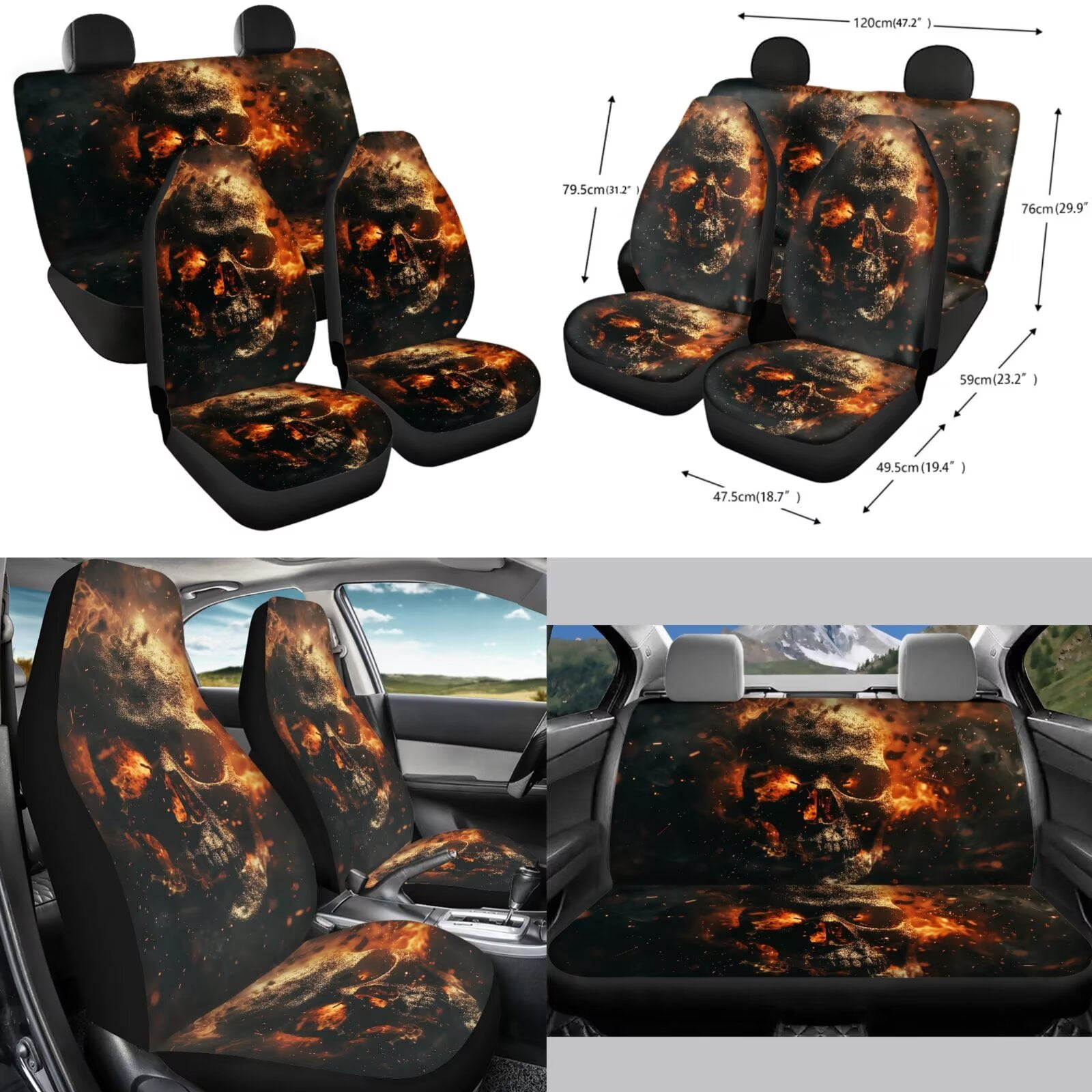 Chririnla Flame Skull Car Seat Cover Full Set for Women Men Soft Car Seats Covers for Front Rear 14Pcs Sets with Coasters, Gear Shift Cover, Steering Wheel Cushion Vehicle Interior Decoration