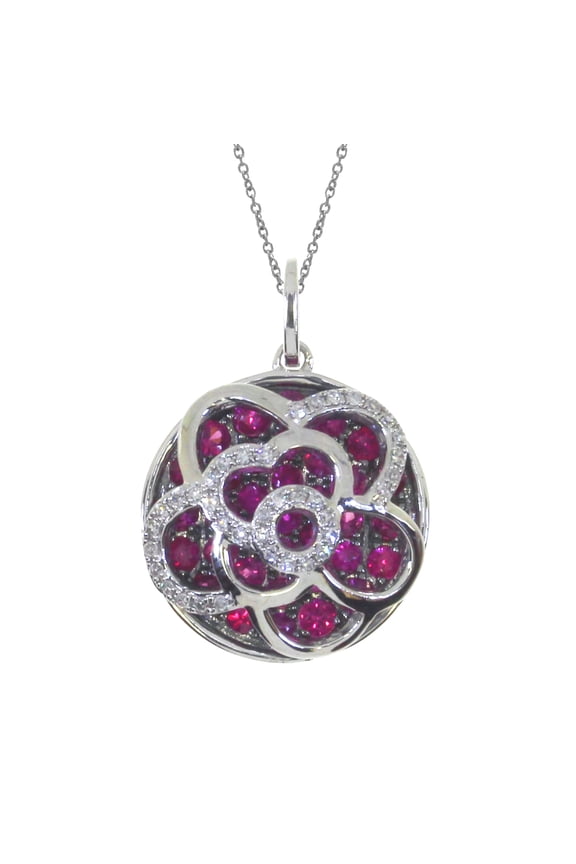 14k White Gold Floating Ruby Round Pendant with 18" Chain