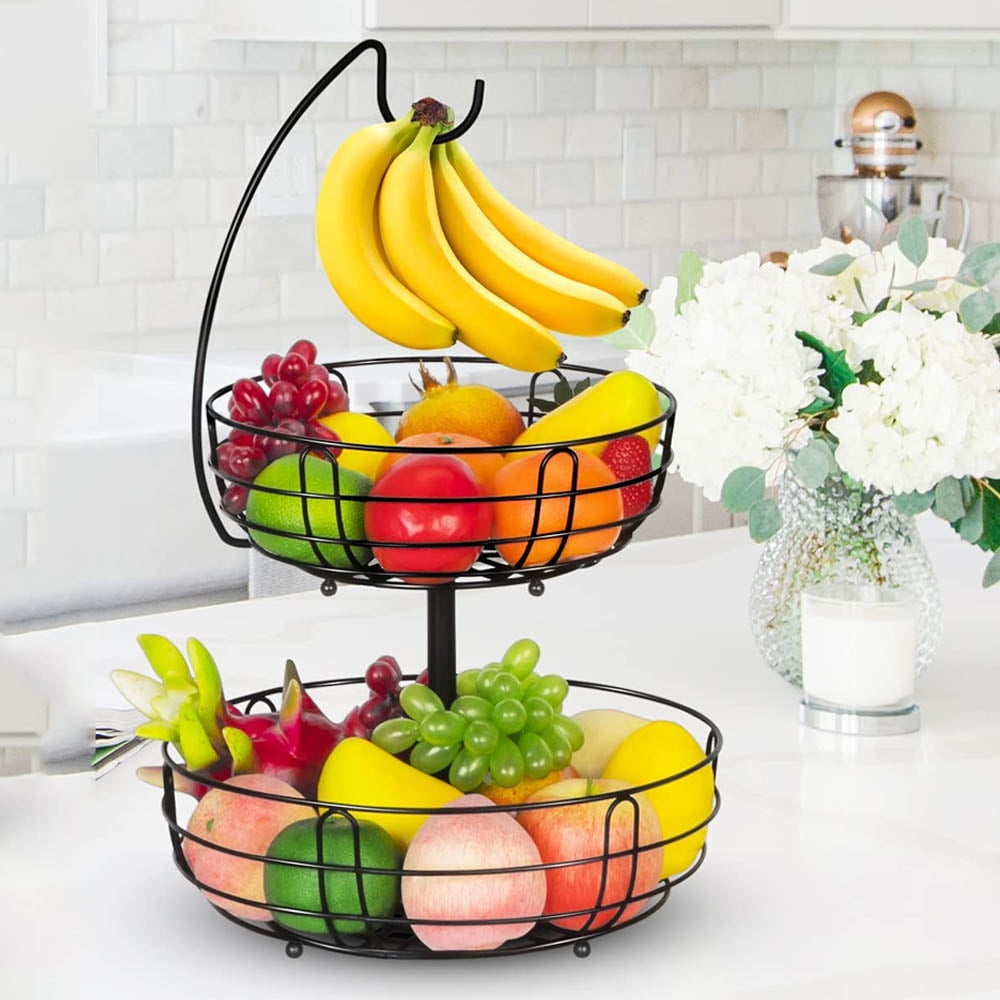 The Nifty Nook Farmhouse 2-Tier Metal Fruit Storage Basket Organizer Display Stand for Home Decoration (Black)