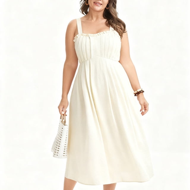 TaTaai Women‘s Square Neck Midi Dress, Adjustable Strap A-Line Sleeveless Dress, Smocked Waist Solid Color Summer Dress, Casual Day Wear Gift