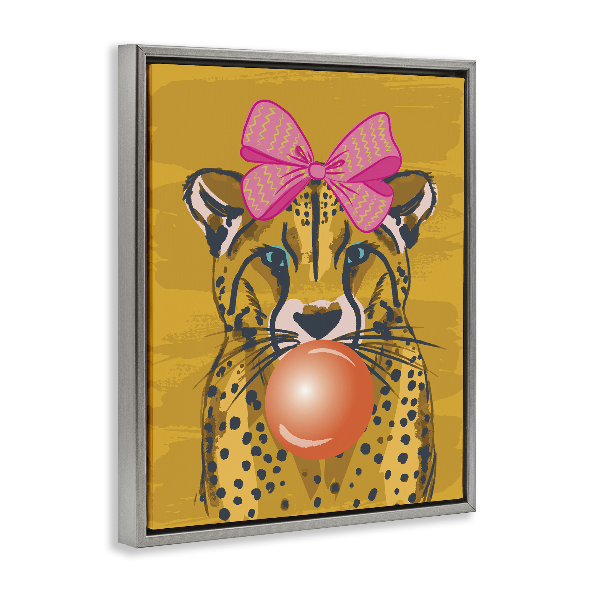 Stupell Industries Trendy Cheetah & Bow Animals Painting Gray Floater Framed Canvas Art Print Wall Art, 25 x 31