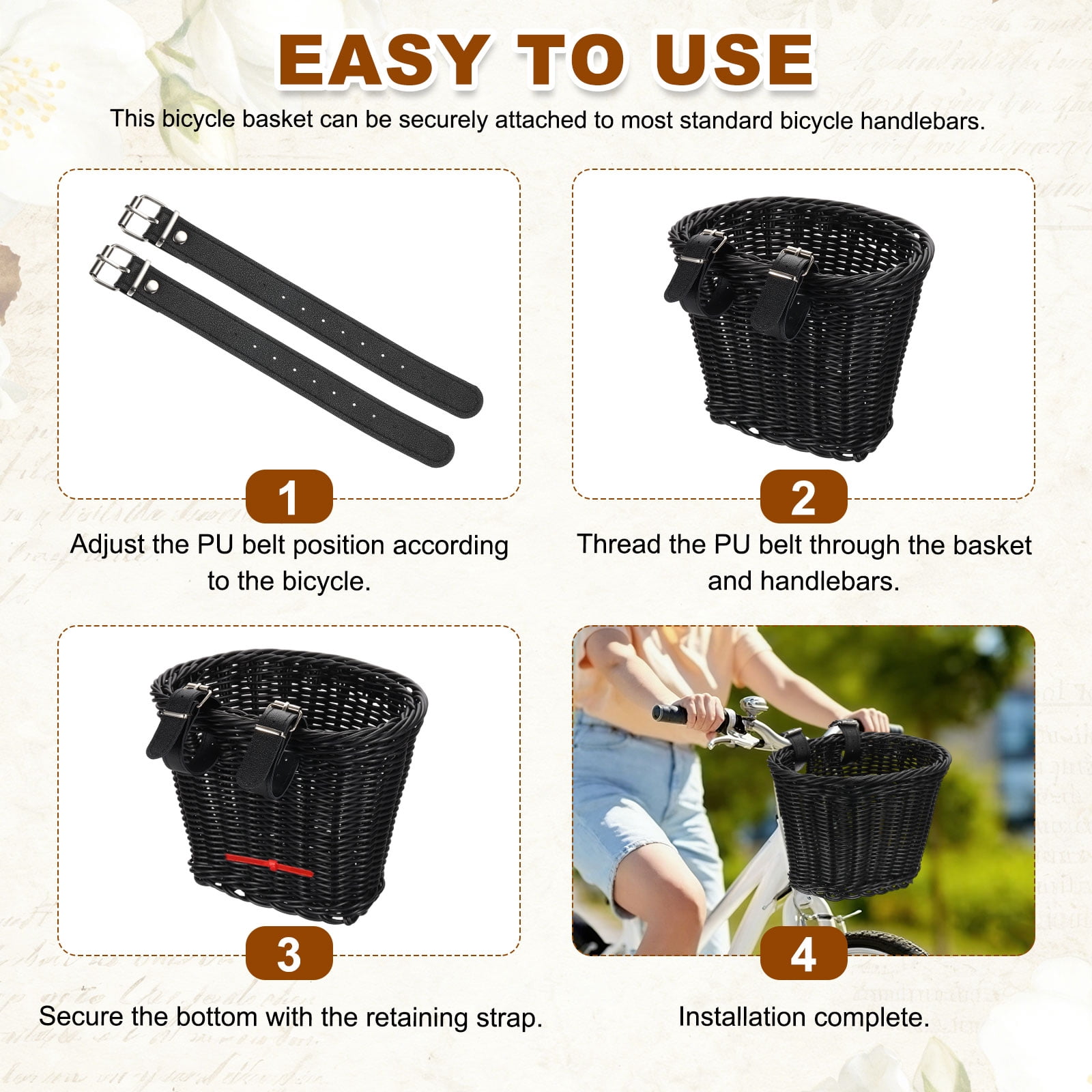 Uxcell Bike Basket Front, Hand-Woven Bicycle Basket with Adjustable PU Belts 1 Pack & Black-Fitting For(Most Road Bikes, Bicycles/Scooters)