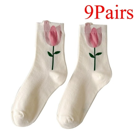 

Women s Flower Print Cotton 9 Pairs Stockings Casual Socks