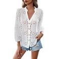thumbnail image 4 of DondPO Womens tops Women's Boho Crochet Shirt Balloon Sleeve Button Lace Eyelet Shirt top Shirts for Women Linen Shirts for Women White S, 4 of 9