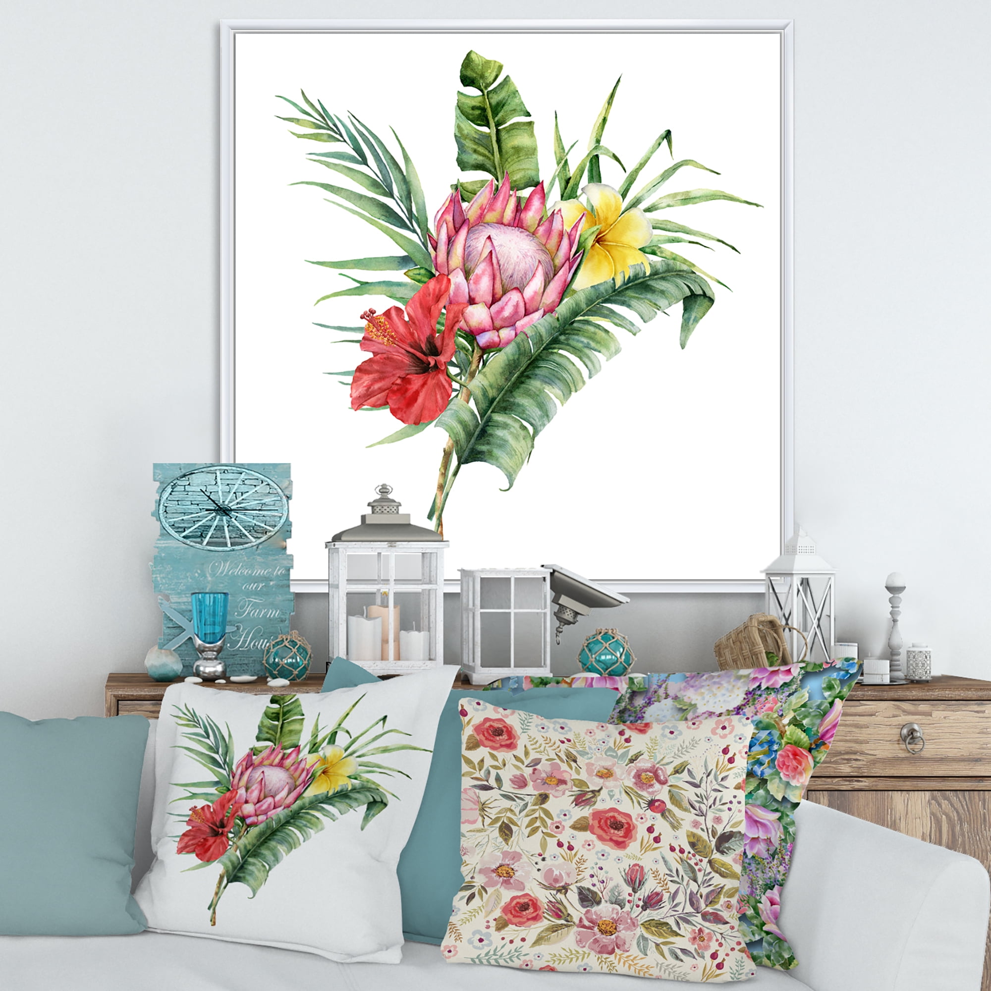 Designart 'Flowers Bouquet With Protea Plumeria Hibiscus' Traditional Framed Canvas Wall Art Print