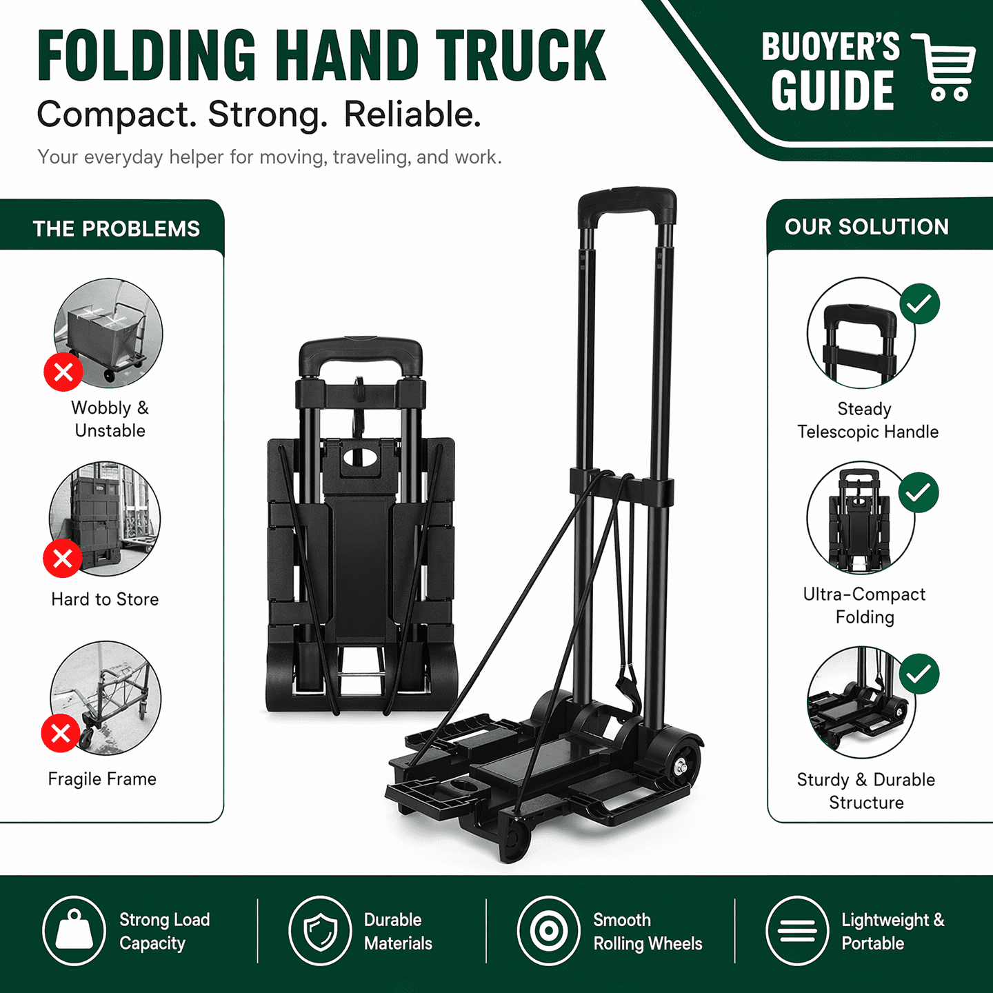Tiagowell, Black, 70 lbs Max Weight, Iron Alloy and PP Plastic, 35 x 32 cm Folding Hand Truck Dolly