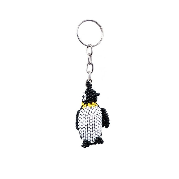 Penguin Bird Czech Glass Seed Bead 3D Figurine Keychain Metal Ring - Handmade Gifts Boho Car Keys Bag Animal Accessories
