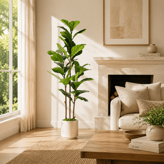Lolsea 5FT Artificial Fiddle Leaf Fig Tree with White Planter Pot, Natural Trunk Realistic Leaves, Faux Ficus Tree Fake Moss for Home House Office Decor Indoor