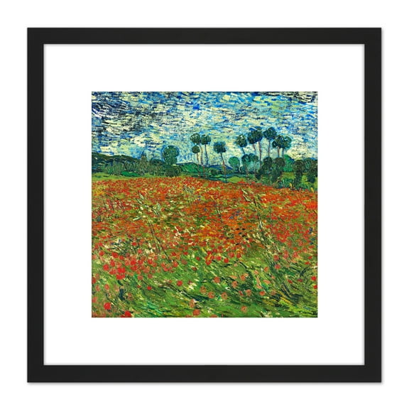 Vincent Van Gogh Poppy Field Painting 8X8 Inch Square Wooden Framed Wall Art Print Picture with Mount