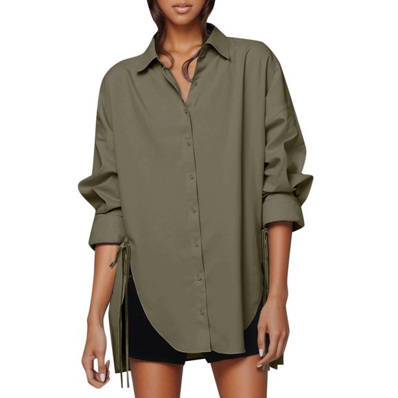 Camisa holgada con cinturón para mujer - Diseño corto por delante y largo por detrás para principios de otoño - Tejido transpirable, cintura ajustable