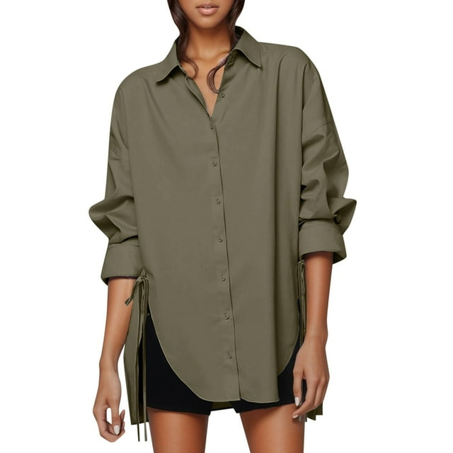 Chemise Ample pour Femmes avec Ceinture et devant, Ourlet Long, pour Début d'Automne, Tenue Décontractée