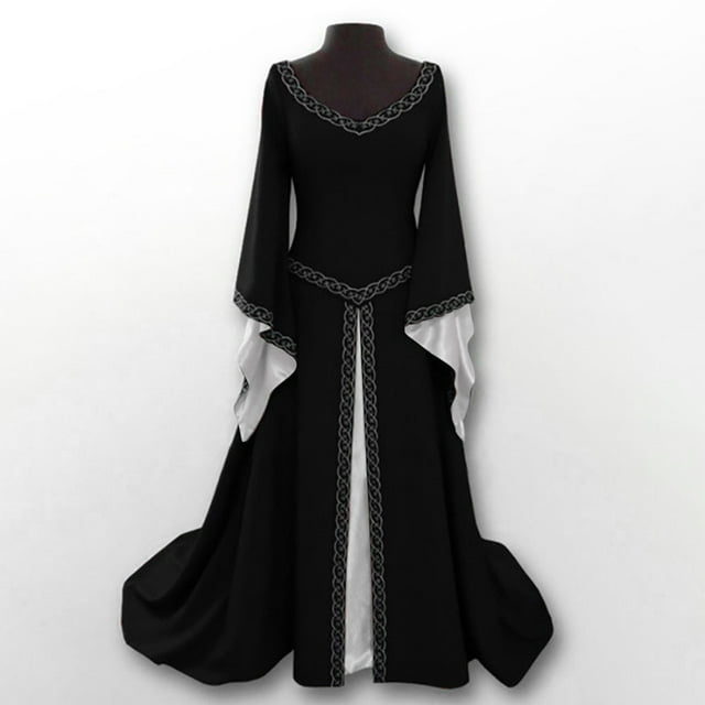DPTALR Robe Médiévale à Manches Longues et Col en V pour Femmes Robe de Cosplay Longueur au Sol