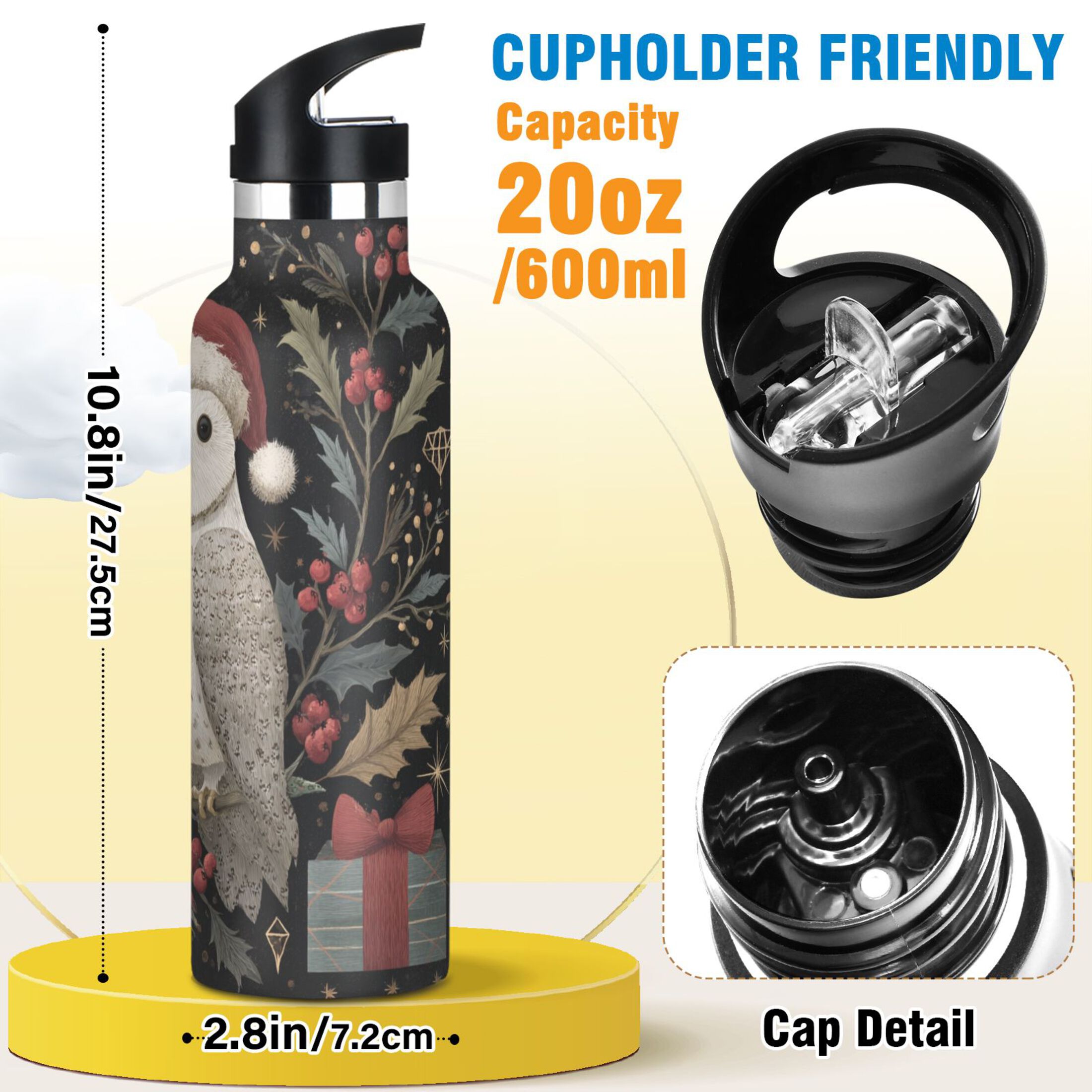 600ML Stainless Steel Insulated Cup Sports Water Bottle Portable Thermos Cup Water Glasses Insulated Tumblers Convenient and Durable Magical Christmas Cute Owl