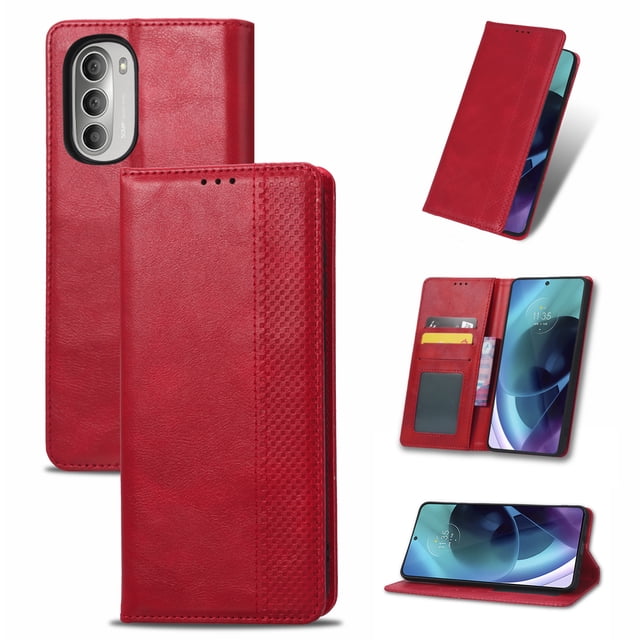 Compatible with Motorola Moto G51 5G Case Magnetic Closure Vintage Pattern PU Leather Wallet Cover with Card Slots-Red
