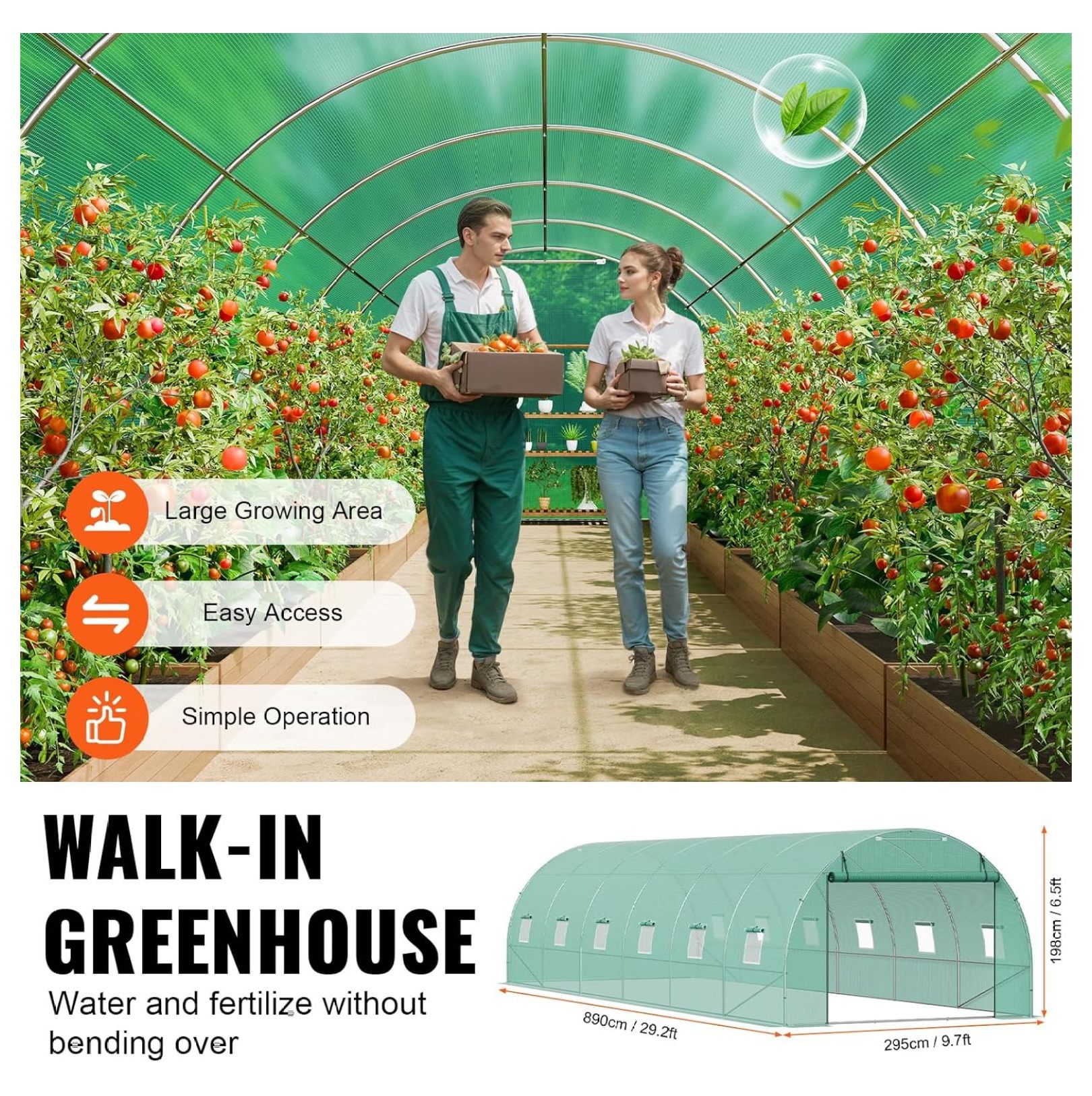 SONGMY Walk-in Tunnel Greenhouse, 29.2x9.7x6.5 ft Hoop House Greenhouse Tunnel, Plant Hot House with Galvanized Steel Frame, Green PE Cover, Roll-up Zipper Door and 12 Windows for Outdoor