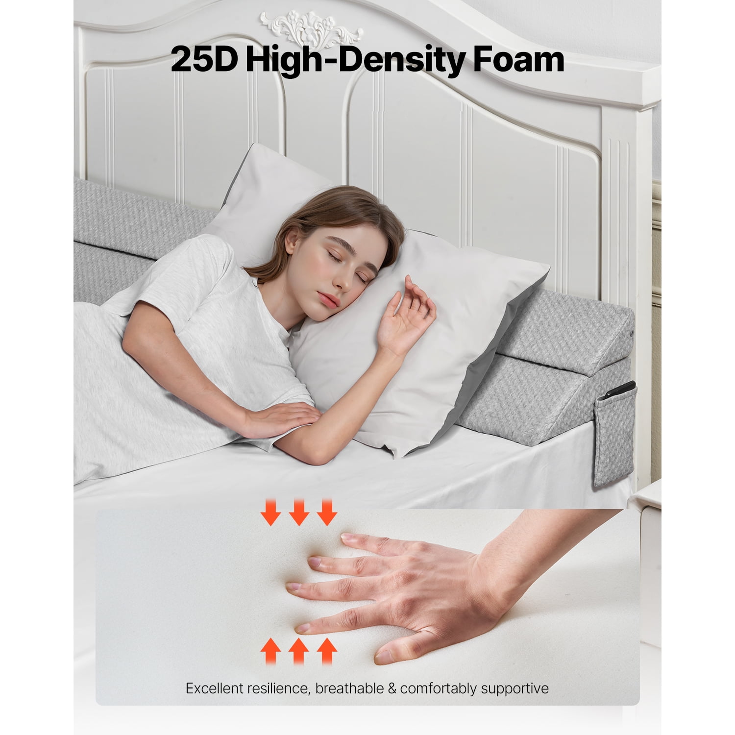 KFFKFF Bed Wedge Pillow for Headboard, Queen Size, 60"x10"x6" Gap Filler, Covers 0-7" Space Between Mattress and Headboard, Foam Cushion with Side Pocket, for Back Support, Gray