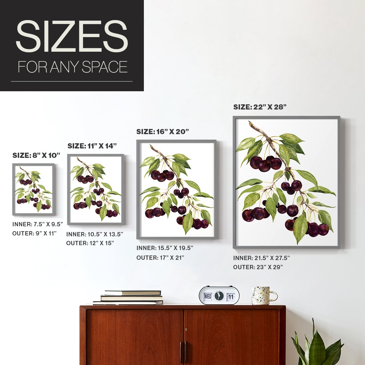 Watercolor Cherries Framed Print in Gray Solid Wood 8 x 10 Framed Print