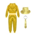 thumbnail image 2 of TiaoBug Kids Boy Girls Sparkly Hip Hop Jazz Street Dance Costume Long Sleeve Hooded Jacket Pants with Hat Necktie Set Yellow 3-4, 2 of 5