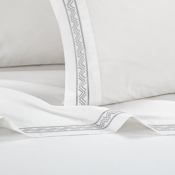 4 Piece Orden Organic Cotton Sheet Set Solid White With Dual Stripe Embroidery