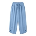 thumbnail image 6 of ClodeEU Women's Elastic Waist Harem Capri Pants,Casual Loose Linen Baggy Cropped Trousers with Pockets Light Blue,Women's Plus XL, 6 of 6