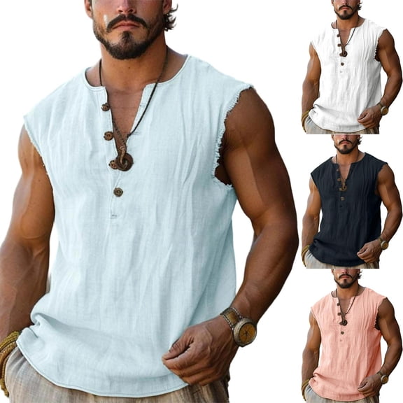WIZUTIZ Mens Lightweight Cotton Linen Tank Tops Frayed Cut Off Sleeveless Casual Henley Shirt Beach Hippie Vintage Tunic Vest