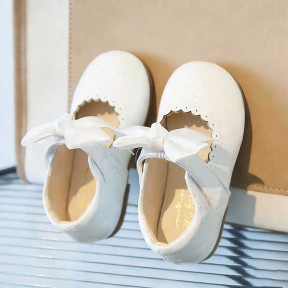 Girls' Solid Color Bow Casual Shoes, Fashionable Outdoor Mary Janes, Perfect for School, Parties, and Daily Playtime White 5.5-6 Years