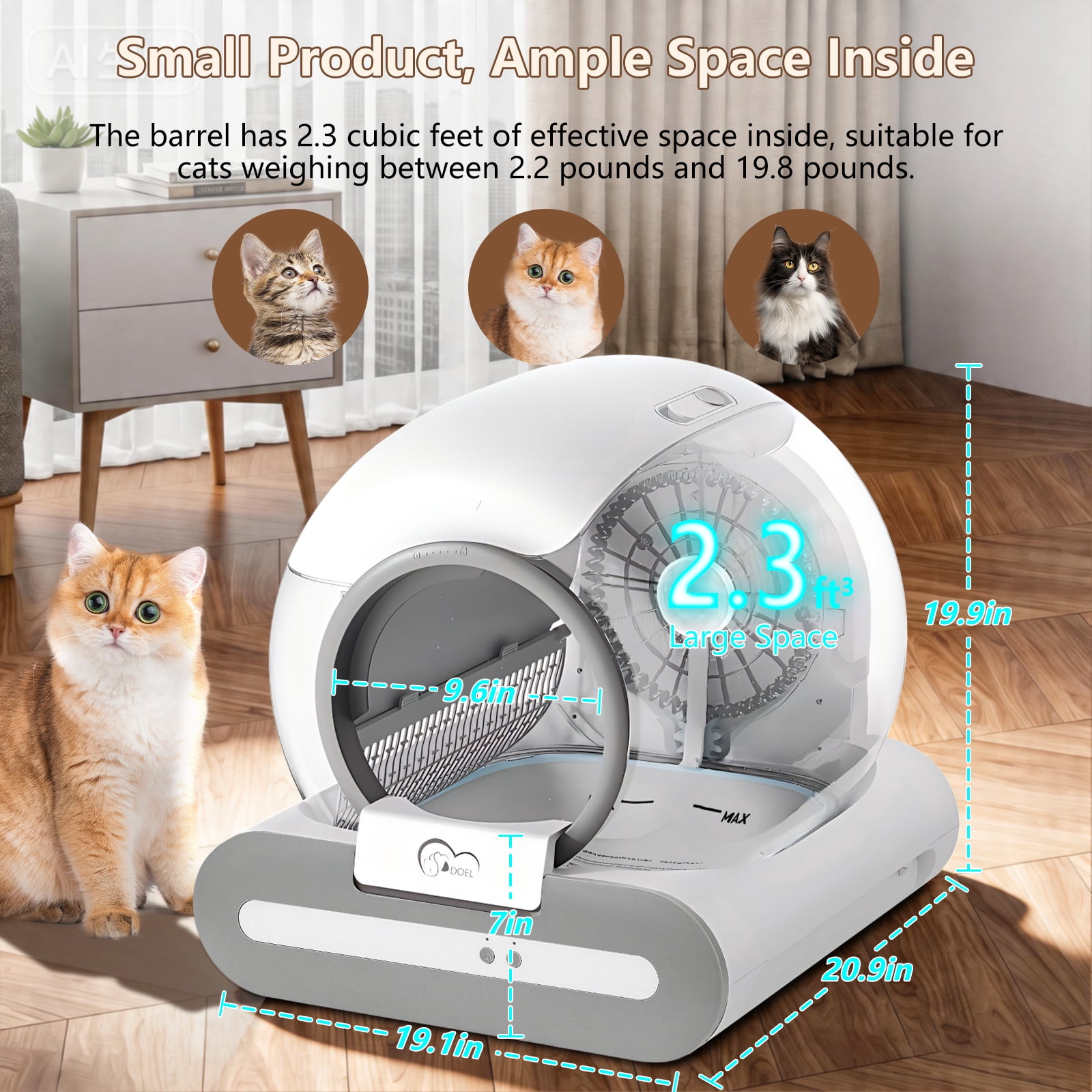 DOEL Self Cleaning Smart Cat Litter Box, 65L Automatic Cat Litter Box with APP Control and Integrated Safety Protection