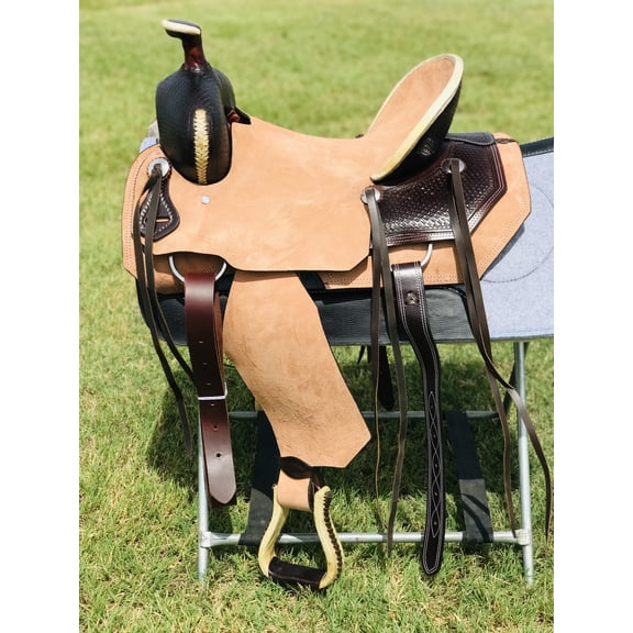 Resistance Western Horse Ranch Saddle, Leather Hard Seat with Red Laces, Sizes 15"-18"
