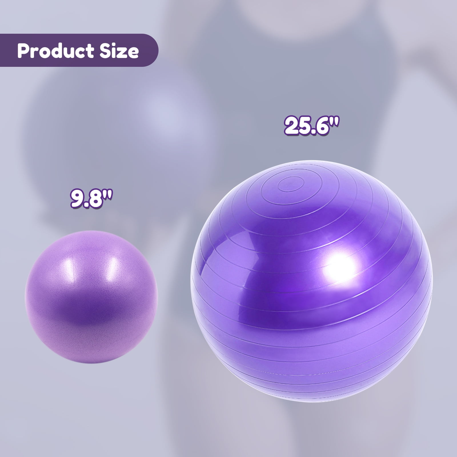Lockways Yoga Ball, 2Pcs Anti Burst Exercise Ball for Fitness, Physical Therapy, Thick Heavy Duty Pilates Ball with Pump for Office, Home, Gym, Purple, 2 Sizes, 25.6 inch & 9 inch