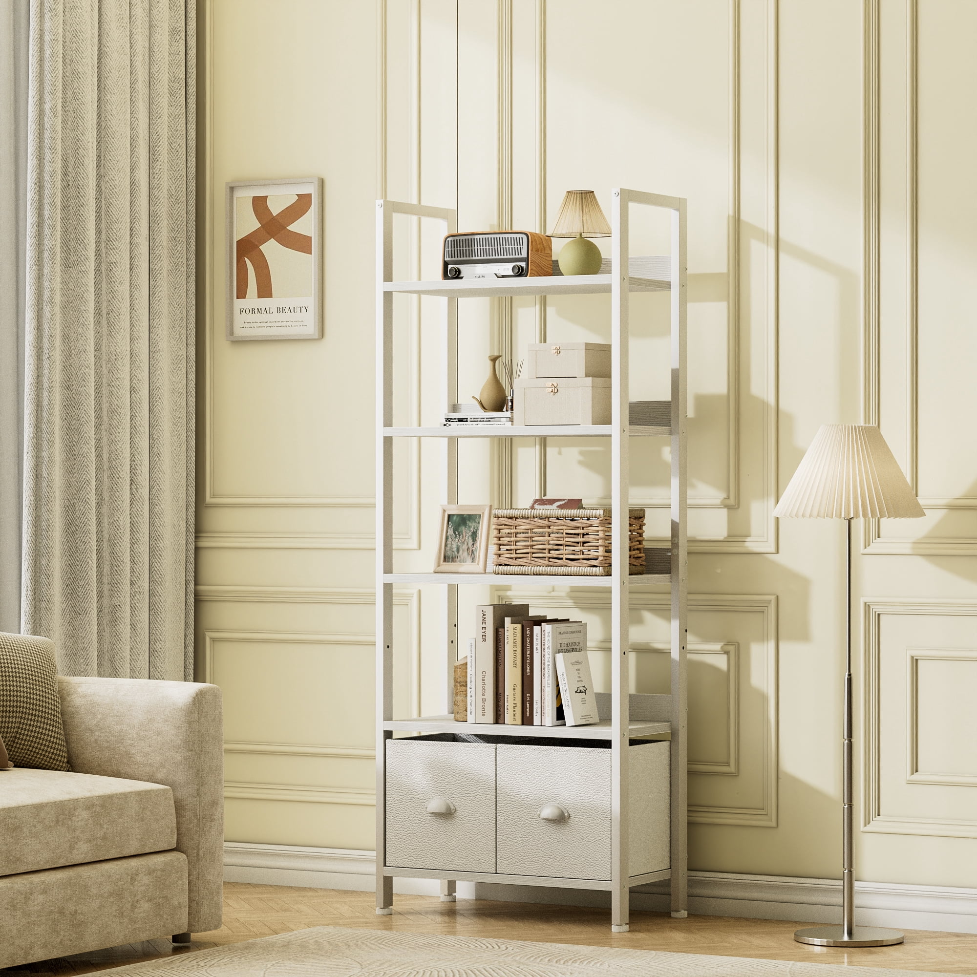 Satifur 5 Tier White Modern Bookshelf, Space-Saving Storage Rack with 2 Removable Drawers, Sturdy Structure for Bathroom, Home Office