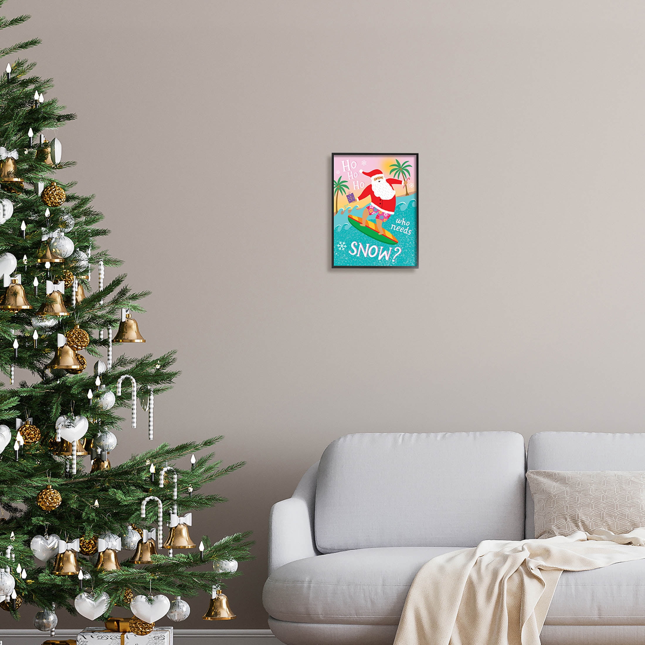 Who Needs Snow Surfing Santa Holiday Graphic Art Black Framed Art Print Wall Art