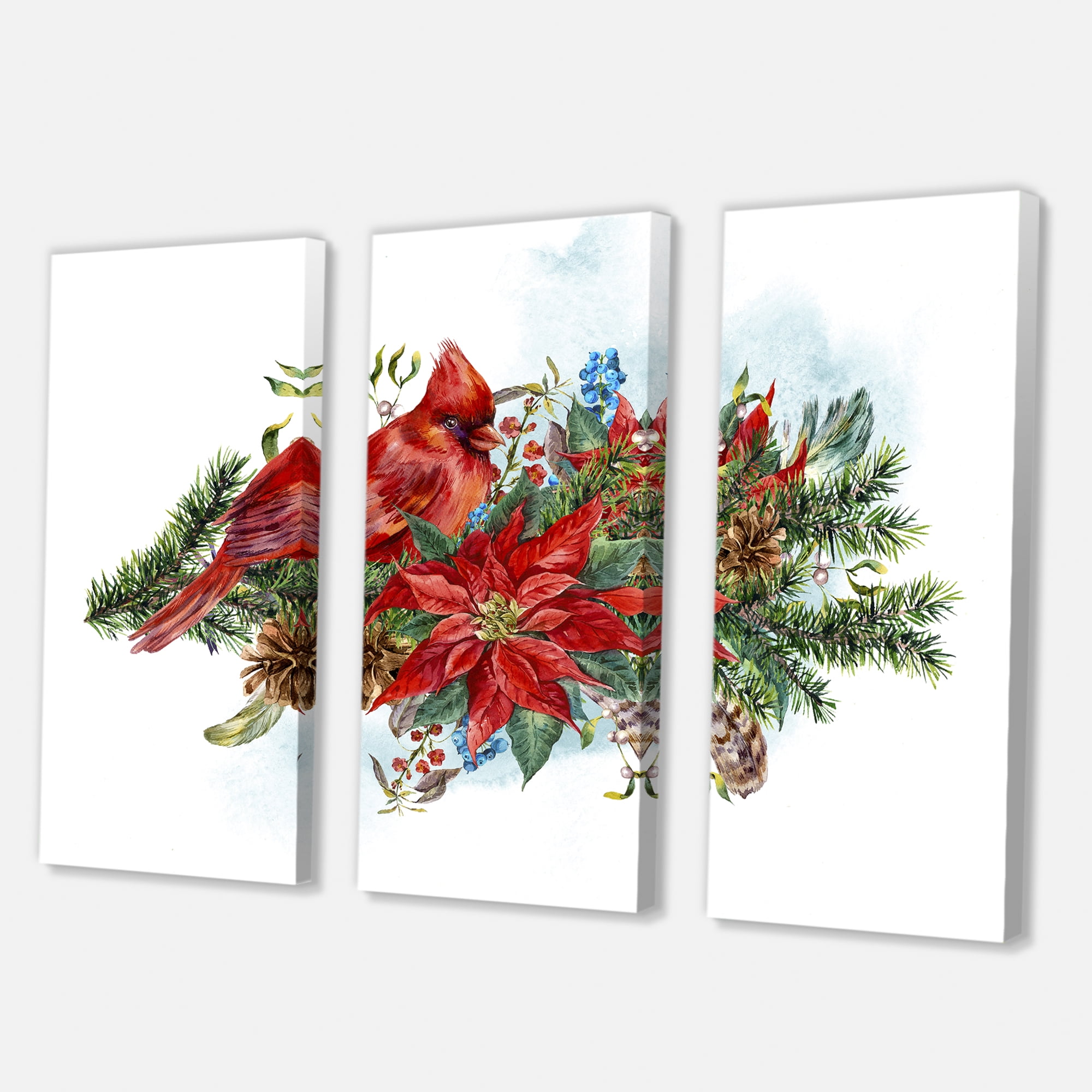 Designart ' Christmas Red Cardinal Bird and Poinsettia ' Traditional Canvas Wall Art Print