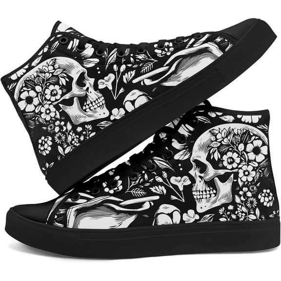 Skull High Top Canvas Sneakers for Men Women, Gothic Floral Print Streetwear Casual Fashion Skate Shoes