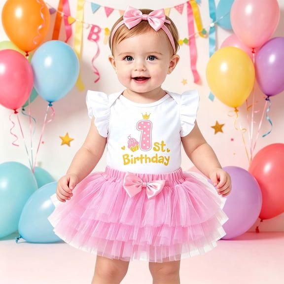 FYDUU My 1St Birthday Outfit Baby Girl Clothes Ruffle Sleeve Romper Bodysuit Tutu Skirt Set With Headband Infant First Birthday Celebration 1-3 Months